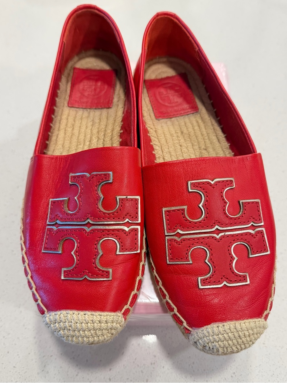 Tory Burch Red Leather Logo Espadrille Flats